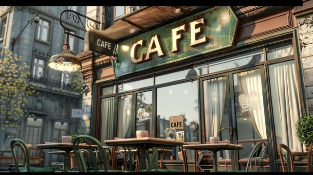 A cafe with a green sign that says Cafe