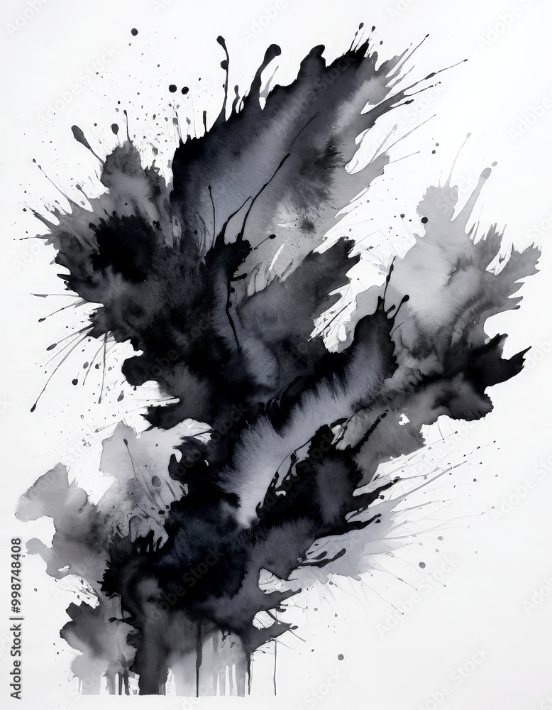Poster an abstract art piece featuring a black and white color scheme, with splashes of color and texture created by the ink The artwork is displayed against a