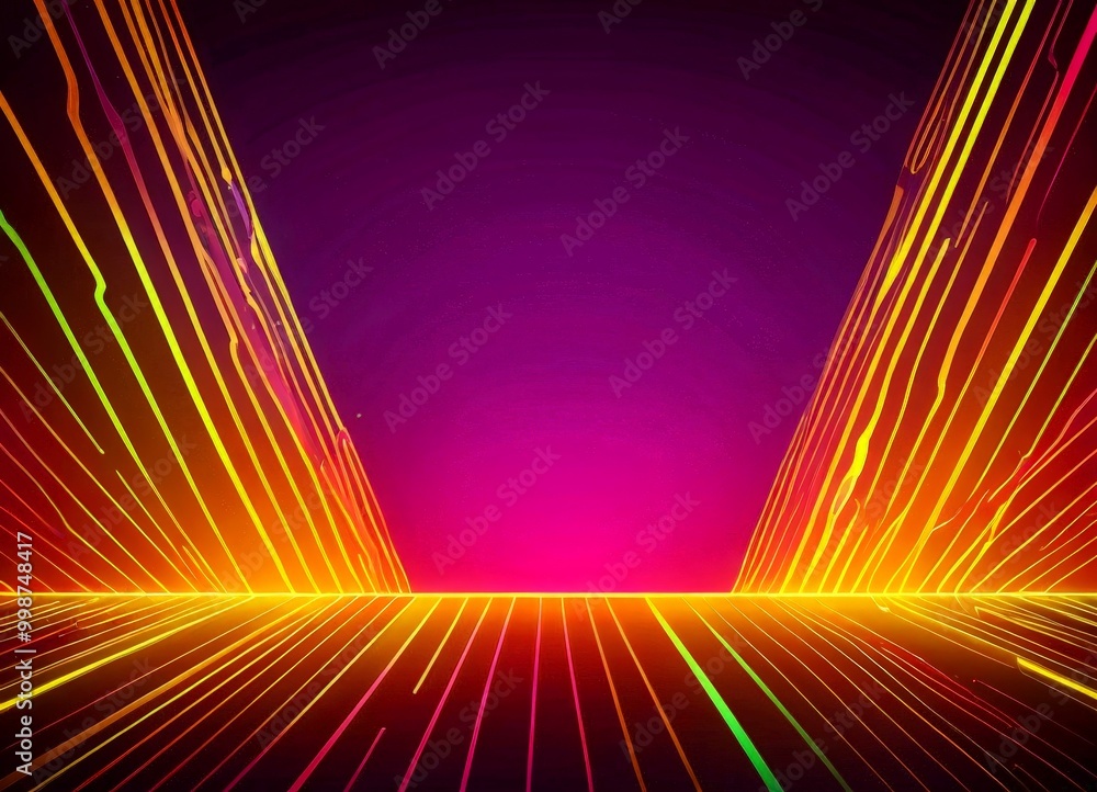 Poster a vibrant, neon-lit abstract scene the background is a gradient of purple and pink, transitioning fr