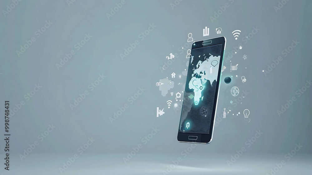 Poster smartphone with application icons flying over the screen. 3d rendering