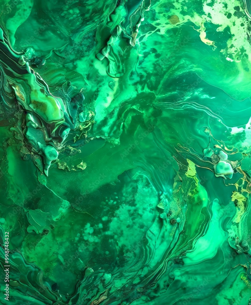 Poster a vibrant abstract pattern with swirling, organic shapes in shades of green, creating a dynamic and captivating visual effect