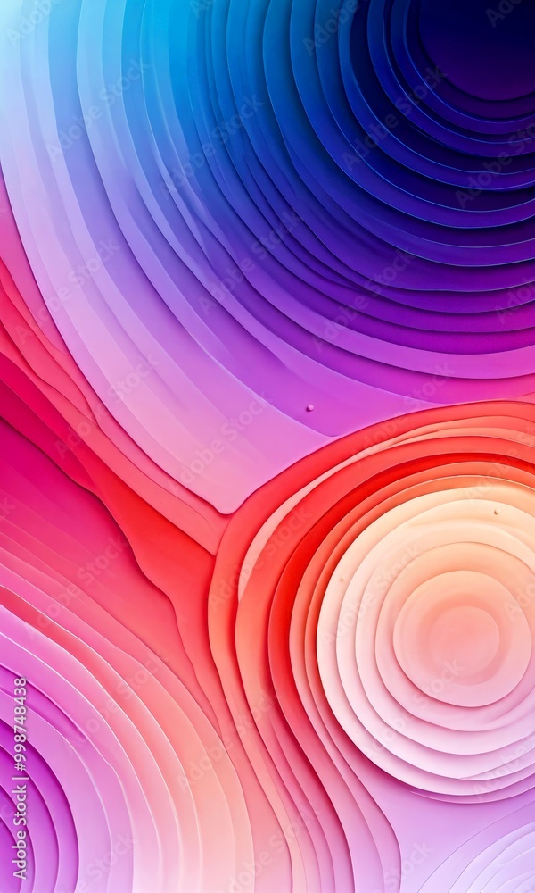 Poster a vibrant abstract pattern composed of overlapping concentric circles in various shades of pink, purple, blue, and orange, creating a visually striking and dynamic composition