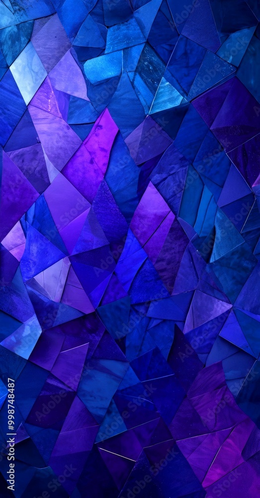 Poster a digital collage composed of numerous overlapping triangular shapes in various shades of blue, creating a visually striking and abstract pattern