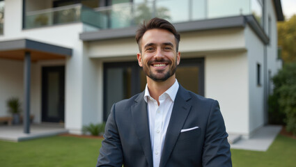 Fototapeta premium Professional Realtor Portrait: Confident Real Estate Agent in Front of Luxury Home - Modern Real Estate Photography