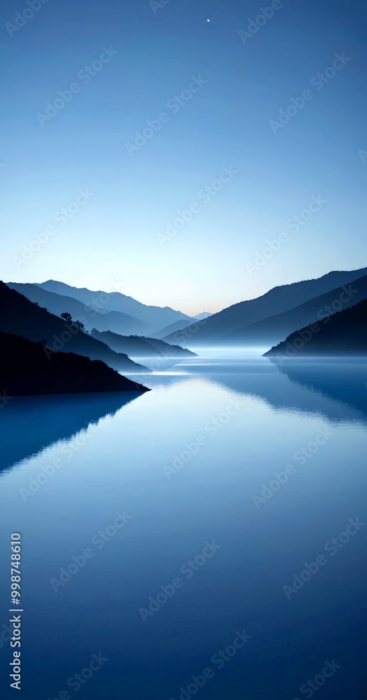 Poster a serene landscape with a calm lake reflecting the surrounding mountains and the sky, with a crescen