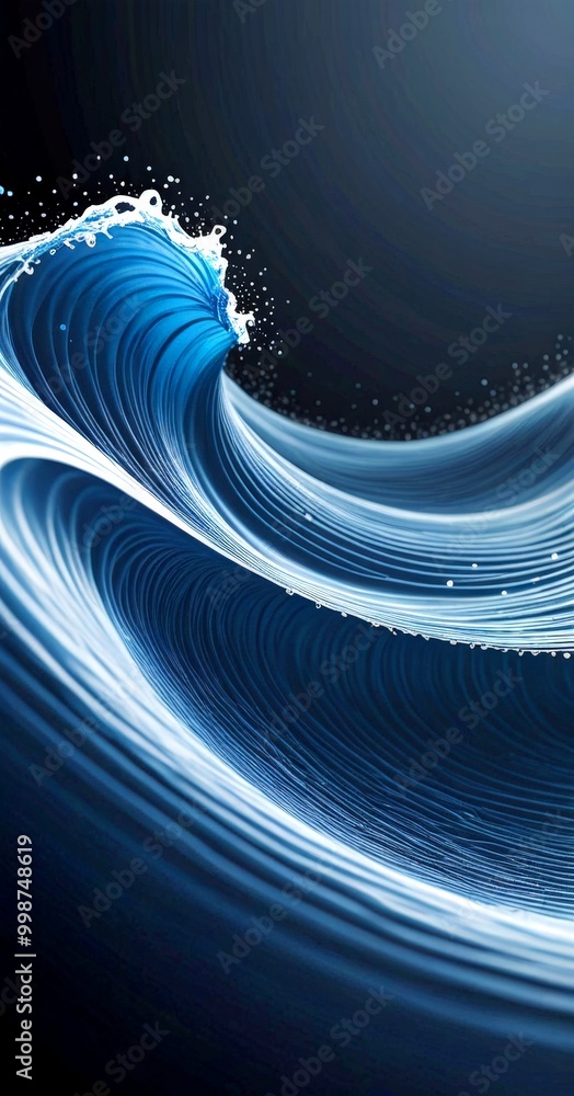 Poster a dynamic, wave-like pattern in shades of blue and white, with a dark background that accentuates th