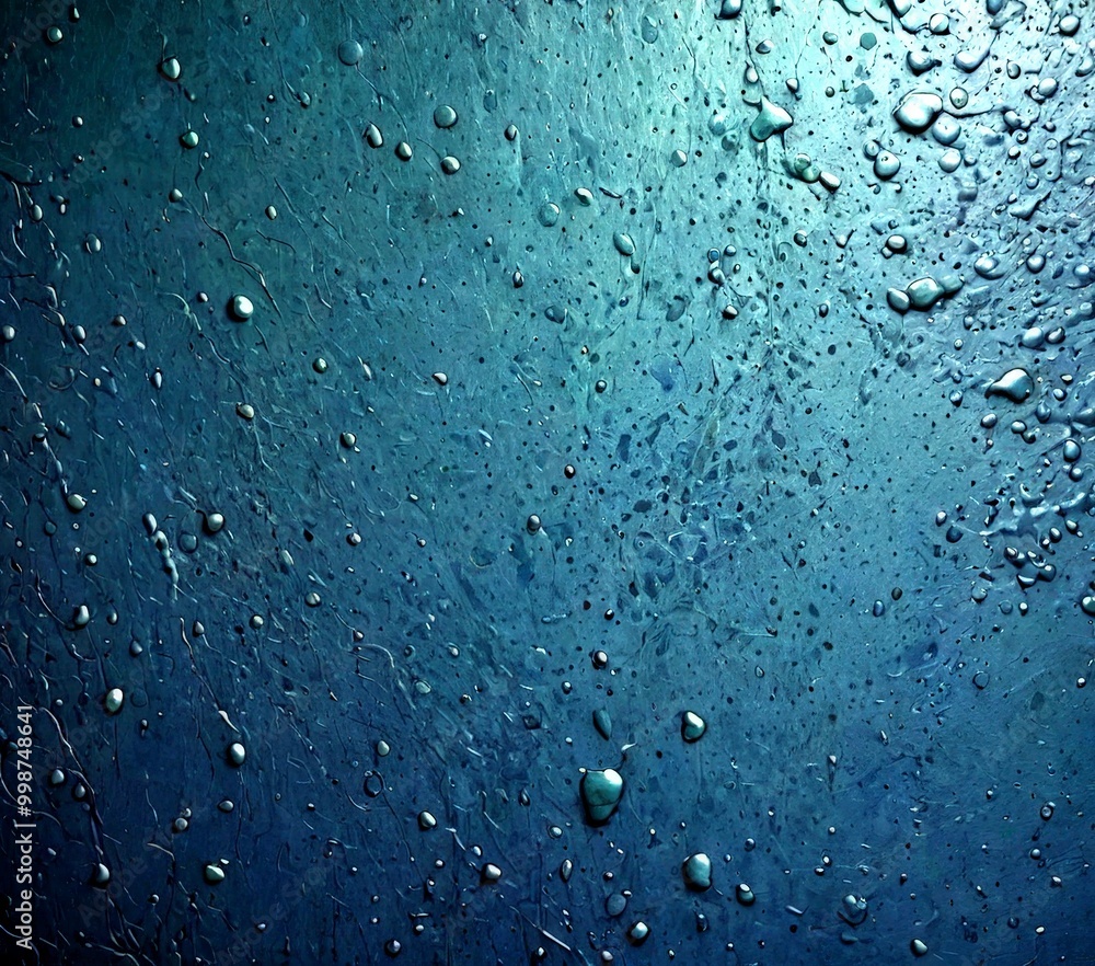 Poster a close-up view dark, textured surface with numerous small water droplets scattered across it, creating a sense of depth and texture