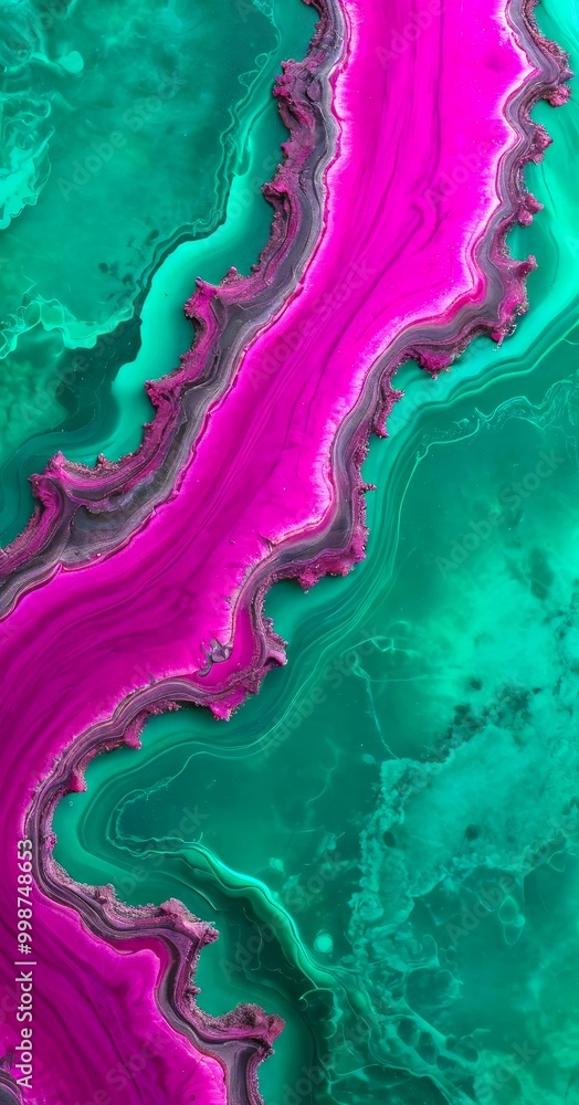 Aufkleber a striking abstract pattern of pink and green marble-like textures, with a central line of pink and 