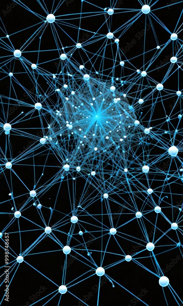 Poster a complex network of interconnected blue lines and white spheres, creating a striking visual effect The network is densely packed, with numerous