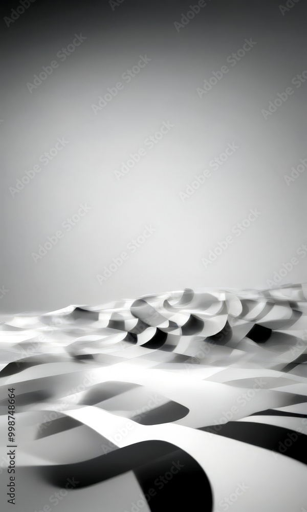 Poster abstract black and white of wavy lines and shapes, resembling a wave or a mountain range, with a gra