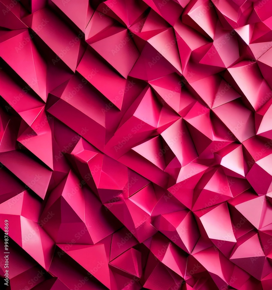 Poster a geometric pattern composed of numerous triangular shapes in various shades of pink, creating a visually striking and abstract design