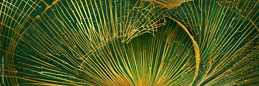 Poster a close-up view green leaf with intricate golden lines and patterns, creating a visually striking and abstract composition