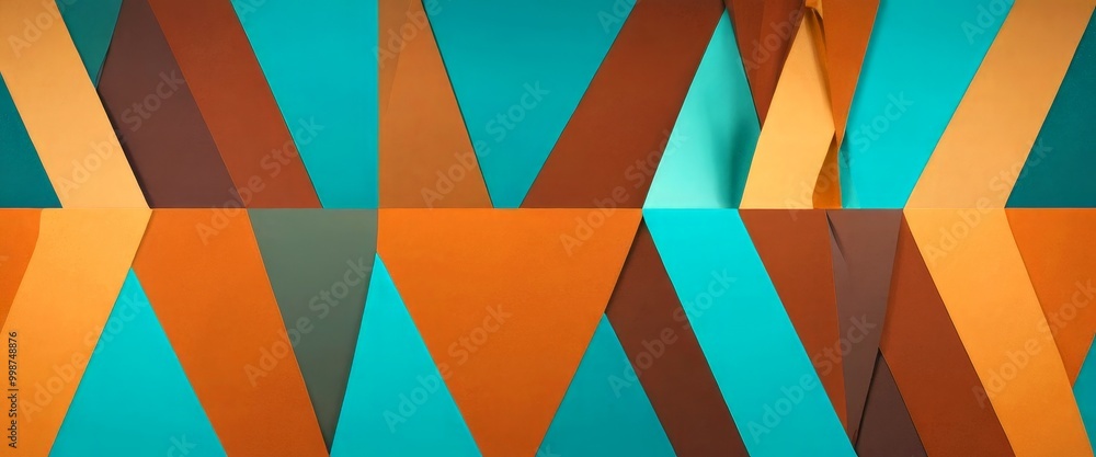 Poster a geometric pattern composed of intersecting lines and triangles in various shades of brown, orange, and teal, creating a visually striking and abstract design