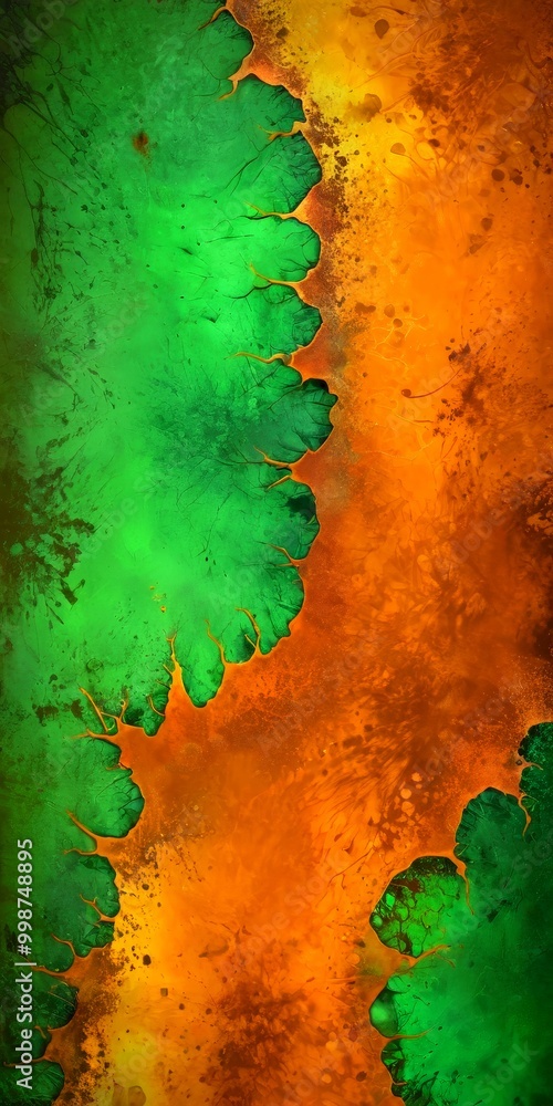 Poster an abstract representation leaf, with a vibrant mix of green and orange hues the leaf appears to be 