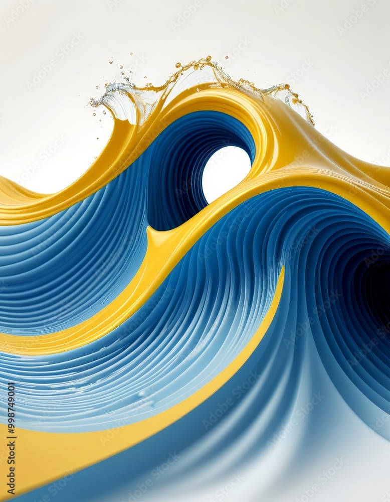 Aufkleber a wave-like pattern composed of blue and yellow lines, with a splash of water at the top and a white