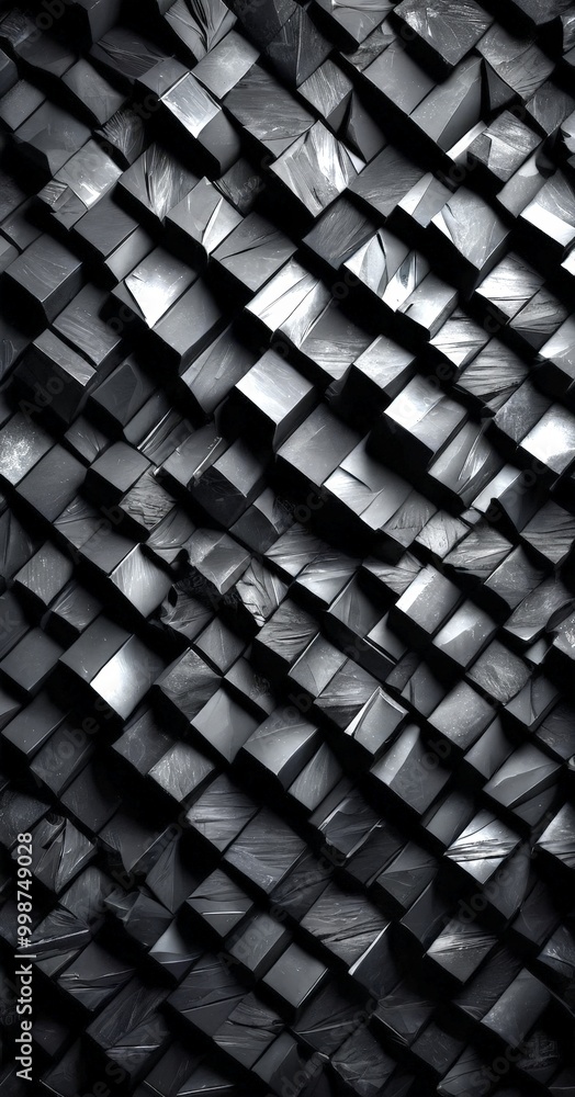 Poster a close-up view black and white pattern composed of numerous small cubes arranged in a diagonal pattern The cubes vary in size and are stacked on top of each other,