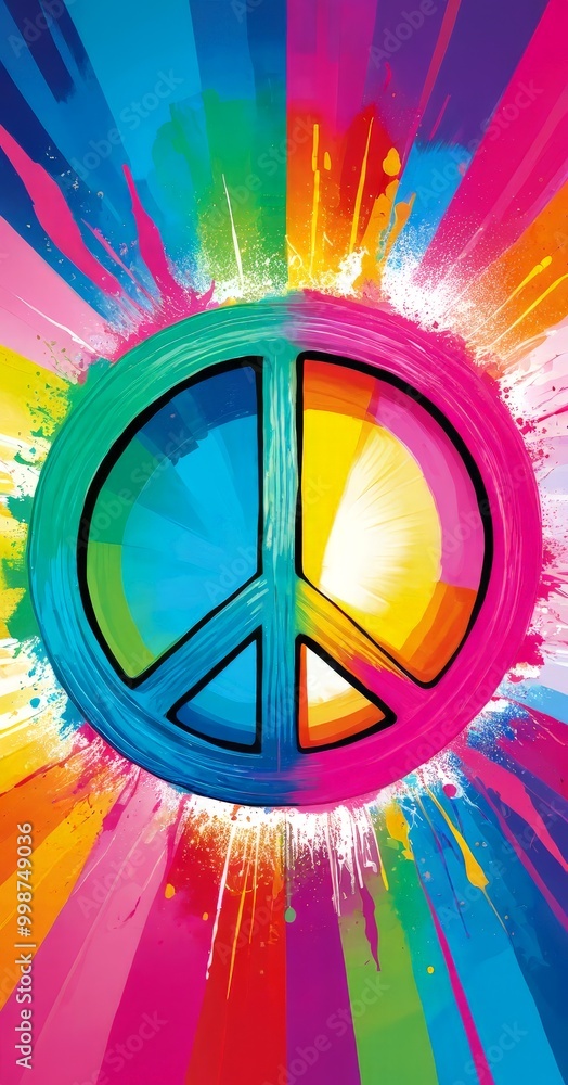 Poster a vibrant, abstract representation of the peace symbol, surrounded by a riot of colorful splashes an