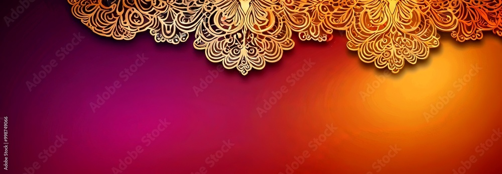 Poster a vibrant, gradient background with a striking pattern of intricate golden designs in the top right corner, creating a sense of depth and dimension