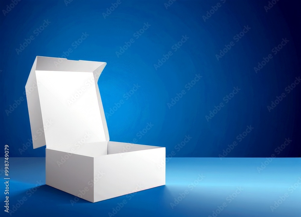 Poster An open white box with a lid sits on a blue surface, with a gradient background transitioning from dark blue at the top to lighter blue at the bottom