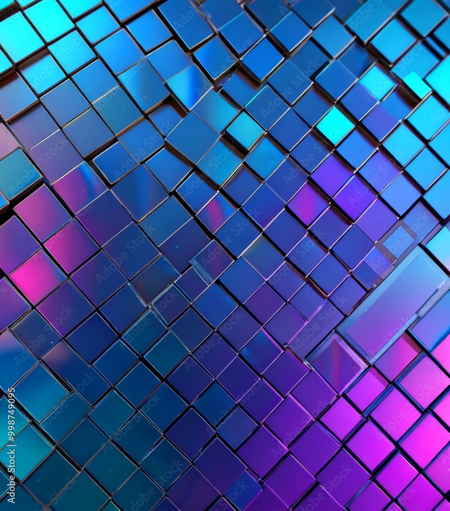 Poster a close-up view of a pattern of square tiles in various shades of blue and purple, arranged in a diagonal pattern.