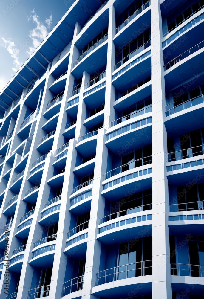 Fototapete a modern high-rise building with a grid-like pattern of balconies and windows, set against a clear b