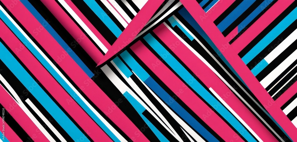 Poster a vibrant abstract pattern composed of intersecting diagonal lines in various shades of pink, blue, and black, creating a dynamic and visually striking composition