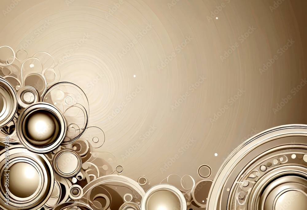 Poster a beige-toned abstract background with a central circular design and a variety of concentric circles and rings scattered throughout, creating a sense of depth and complexity