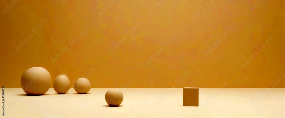 Poster A minimalist arrangement of spheres and a rectangular block against a light beige background