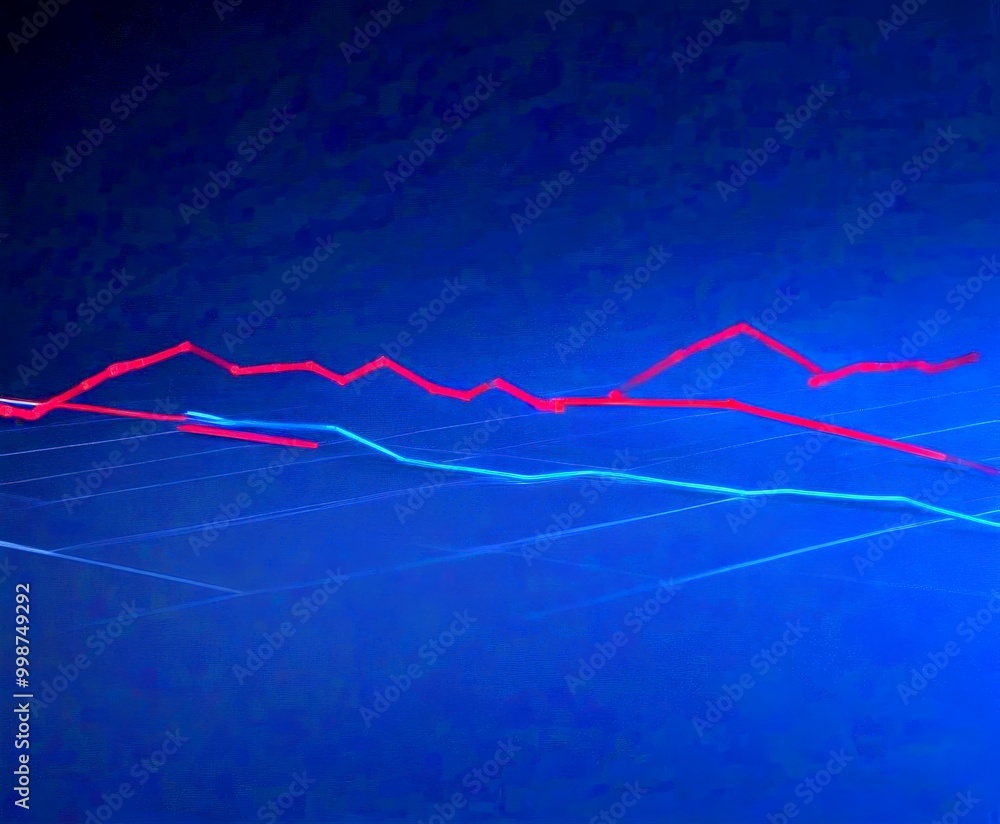 Poster a dark blue background with a red and blue line graph, suggesting a comparison or trend between two or more data sets