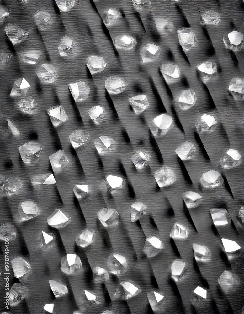 Poster a close-up view of numerous faceted diamonds arranged in a grid-like pattern, with a black and white color scheme.