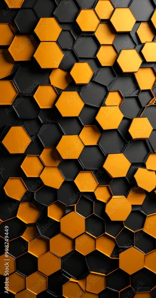 Poster a repeating pattern of hexagonal shapes in black and gold, creating a visually striking and geometric design