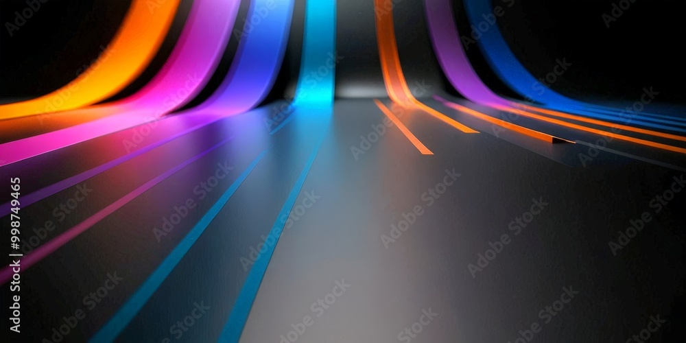 Poster a dynamic abstract composition of curved lines in various colors, including orange, blue, purple, an