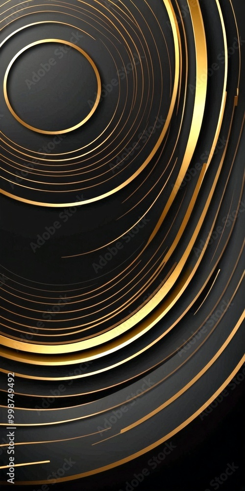 Poster a striking abstract composition of concentric circles and lines in black and gold, creating a sense of depth and movement