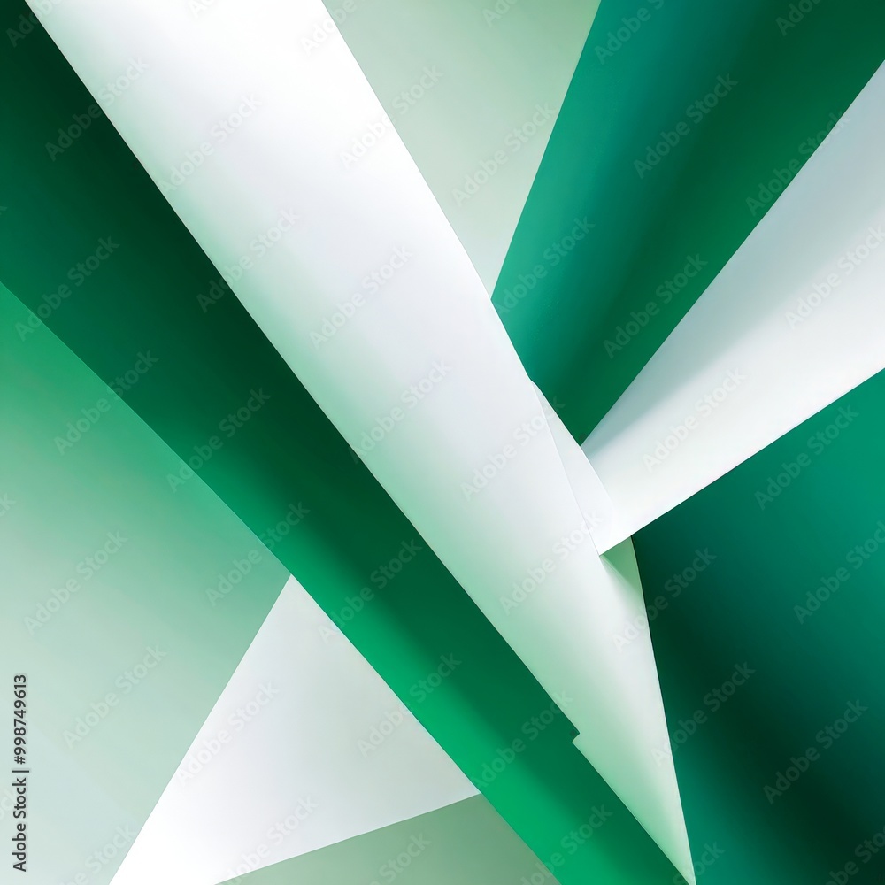 Poster a geometric abstract composition with intersecting lines and shapes in shades of green and white, creating a visually striking and dynamic scene