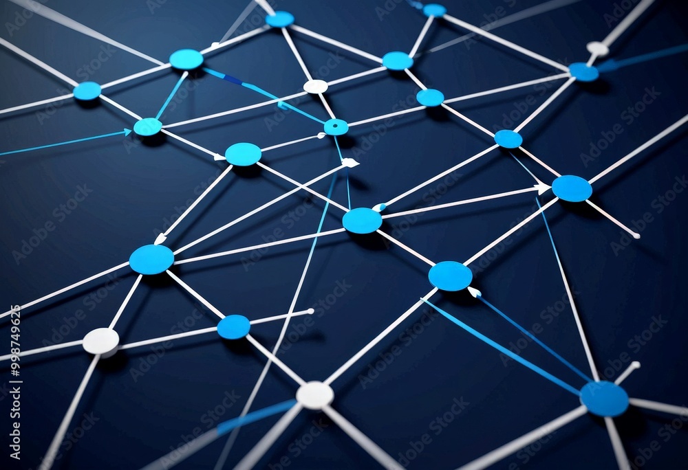 Fototapete A digital illustration network of interconnected blue and white lines and dots, resembling a complex web or network structure