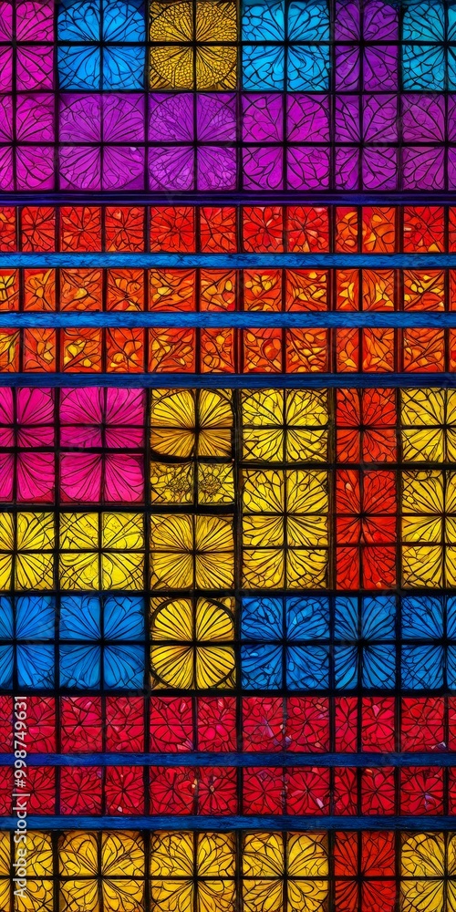Poster A vibrant stained glass window features a repeating pattern of butterfly-like shapes in various colors, including blue, pink, yellow, orange, and red, creating a visually