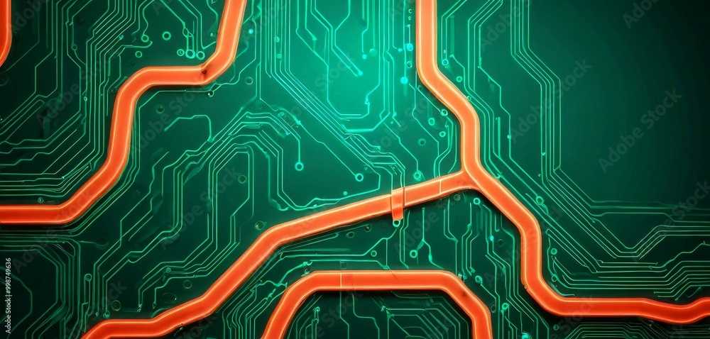 Poster a detailed view circuit board, with a complex network of orange and green lines and traces The background is a dark green color, providing a
