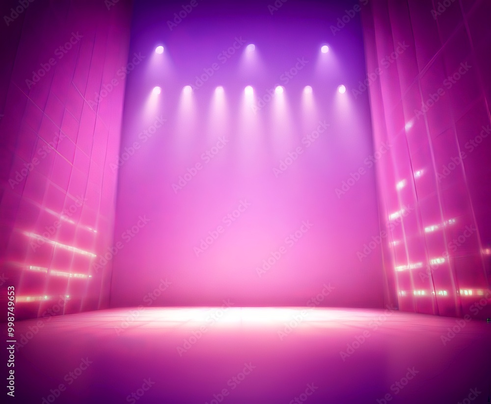 Poster a stage with a purple backdrop and white lights, creating a dramatic and theatrical atmosphere.