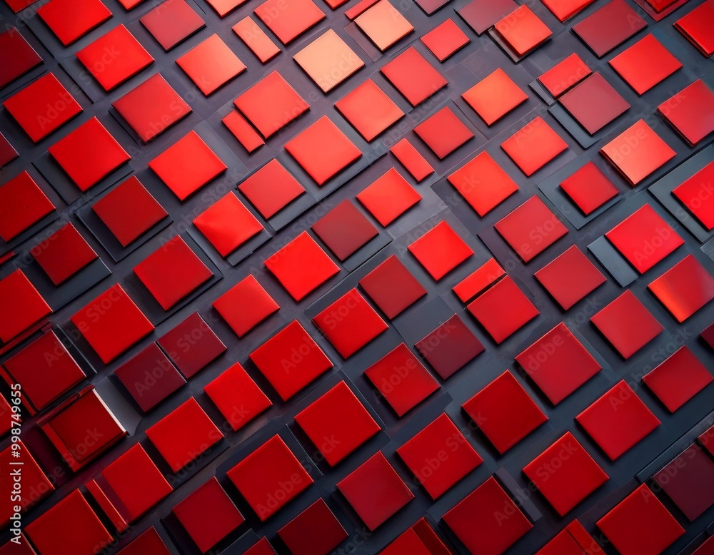 Poster a pattern of red square tiles arranged in a diagonal grid, with some tiles overlapping and others slightly off-center, creating a visually striking and abstract design