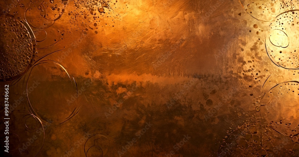 Poster a close-up view textured surface with a warm, golden-brown hue The surface is adorned with circular patterns and droplets, creating a sense of depth and movement The