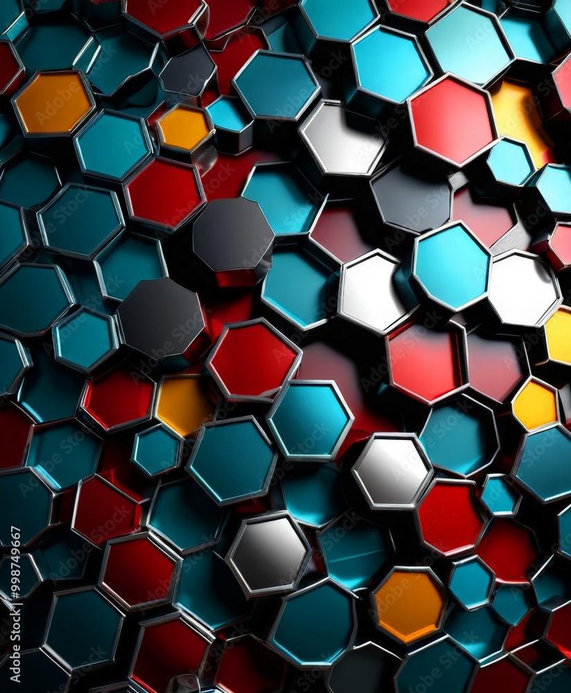 Poster a vibrant and abstract pattern composed of numerous hexagonal shapes in various colors, including red, blue, yellow, and black, arranged in a visually