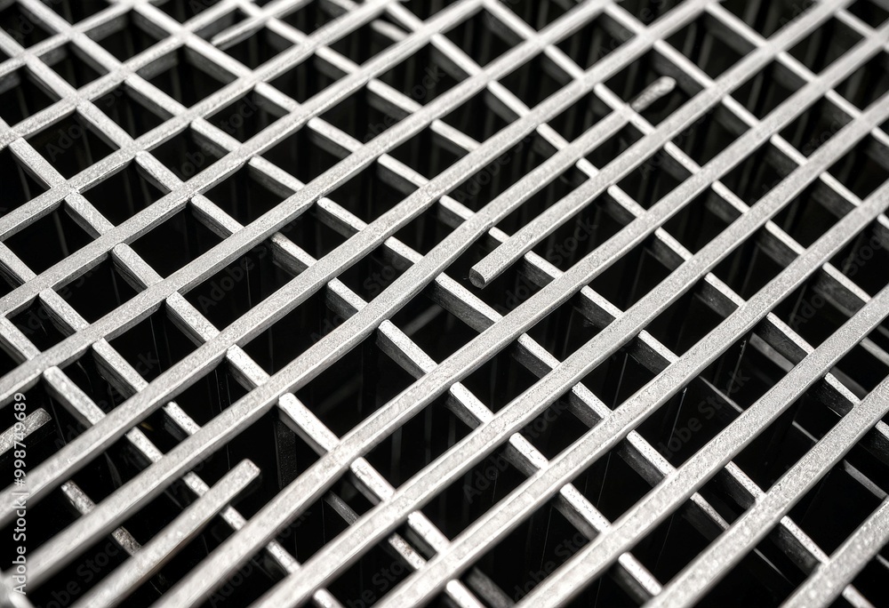 Aufkleber a close-up metal grid with a diagonal pattern, captured in black and white