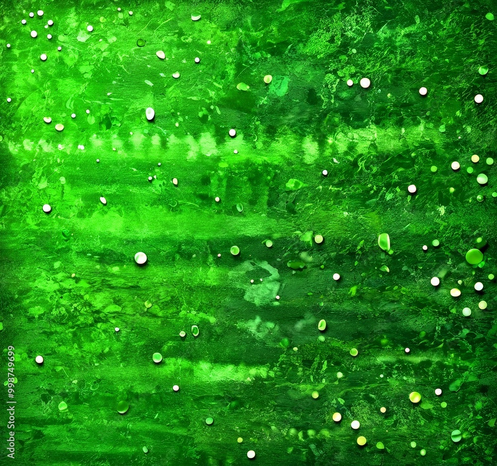Poster a close-up view textured green surface with small white dots scattered across it, creating a sense of movement and energy