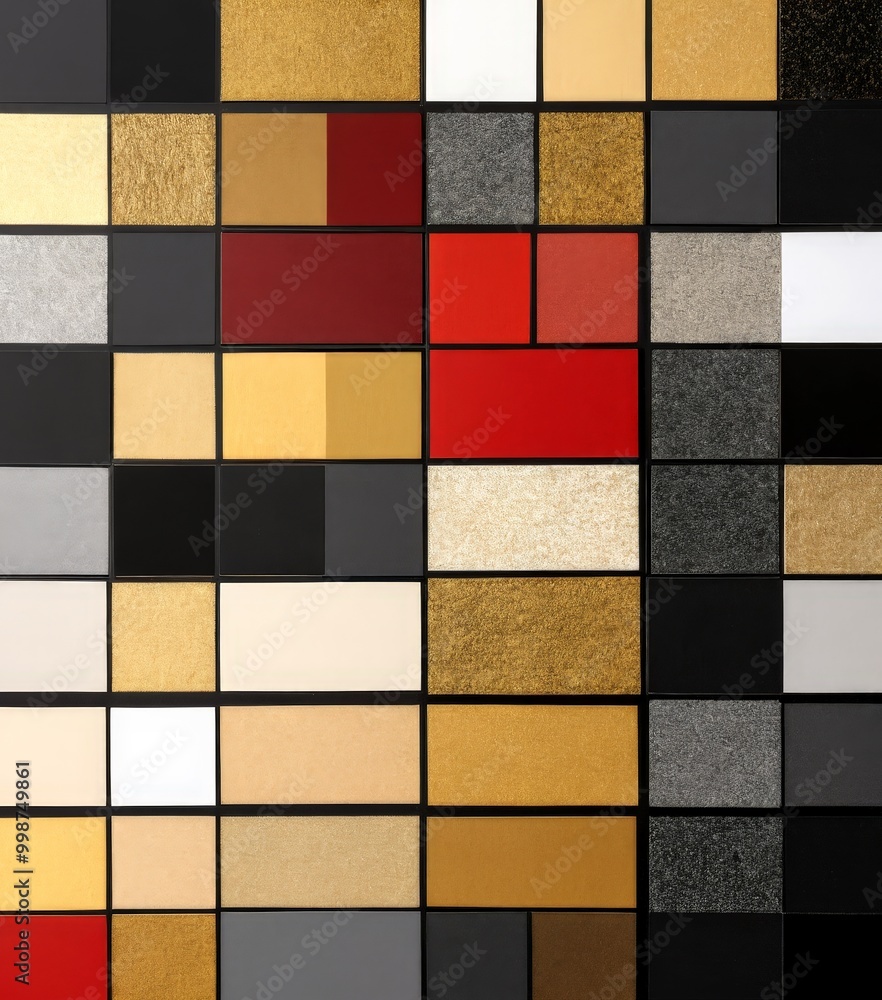 Poster a grid of various colored squares, with the largest square being red and the smallest being black