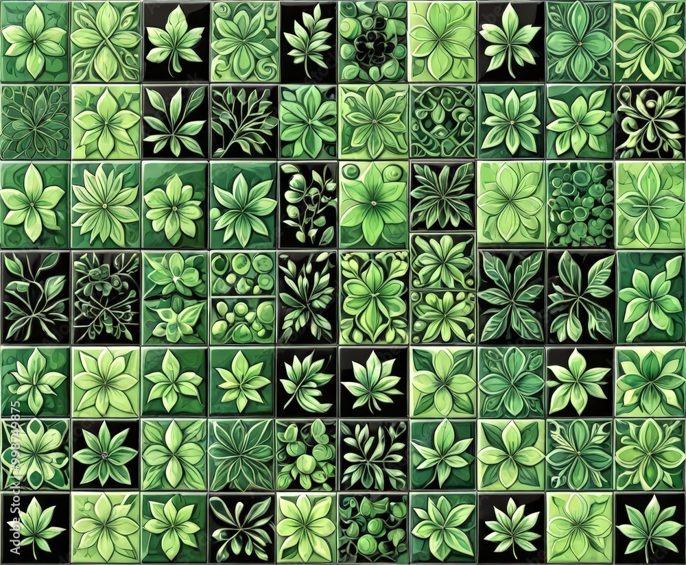 Aufkleber a grid of square tiles with a repeating pattern of green leaves and flowers