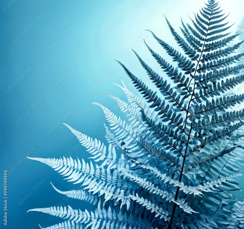 Poster a close-up fern frond against a blue background, with a gradient effect that transitions from a dark