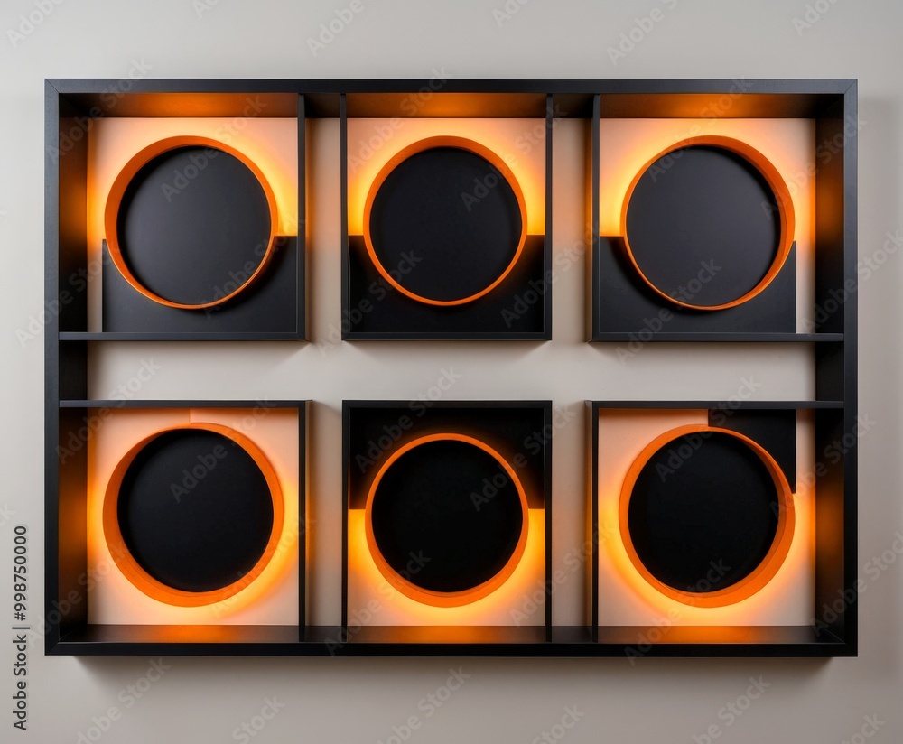 Aufkleber a modern art piece consisting of six black and orange circular panels arranged in two rows of three,