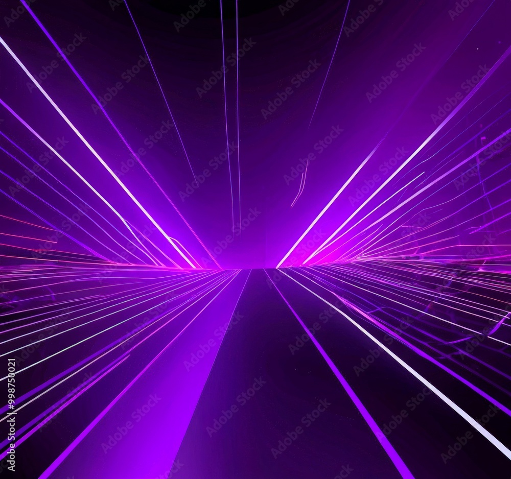 Poster a futuristic, abstract scene with a long, straight line of purple and white lights radiating outward