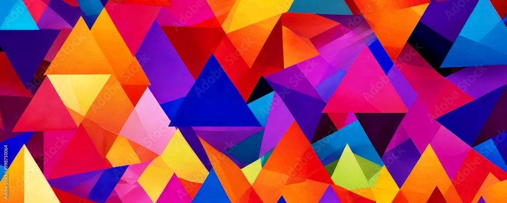 Poster a vibrant abstract composition featuring a multitude of overlapping triangular shapes in various bri