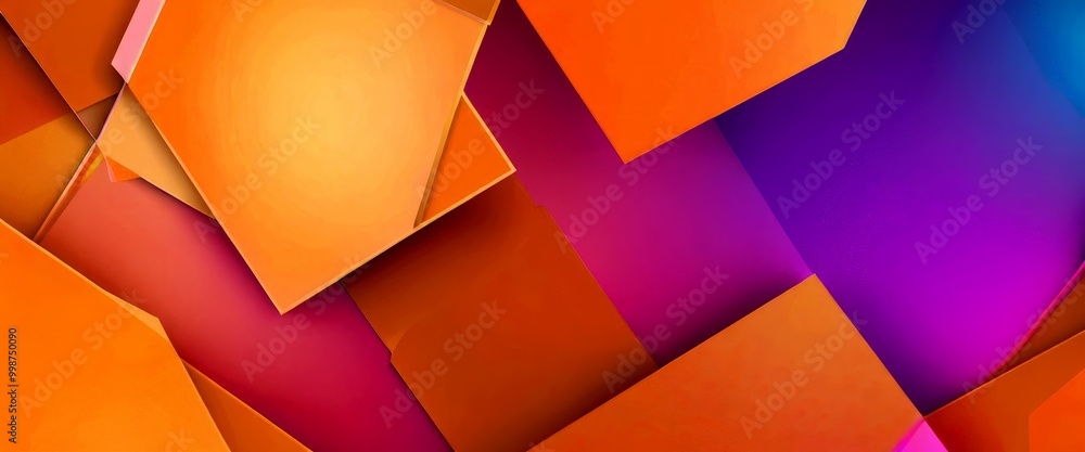 Poster a vibrant abstract composition of overlapping geometric shapes in shades of orange, pink, and purple